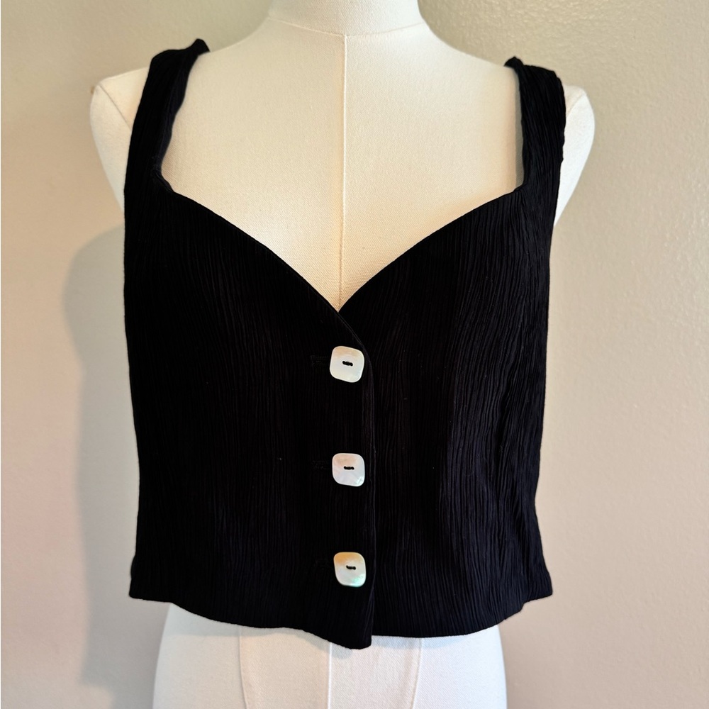 Jason Wu Black Textured Sleeveless Crop Top with Shell Buttons
